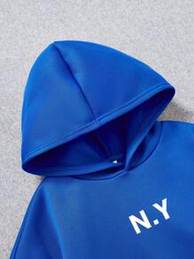 青少年男童休閒字母印花長袖連帽衛衣,適合秋冬 - 藍色 - 查看 3