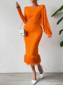 SHEIN Privé 女款純色圓領長袖拼縫開衩連身裙 - 亮橙色 - 查看 3