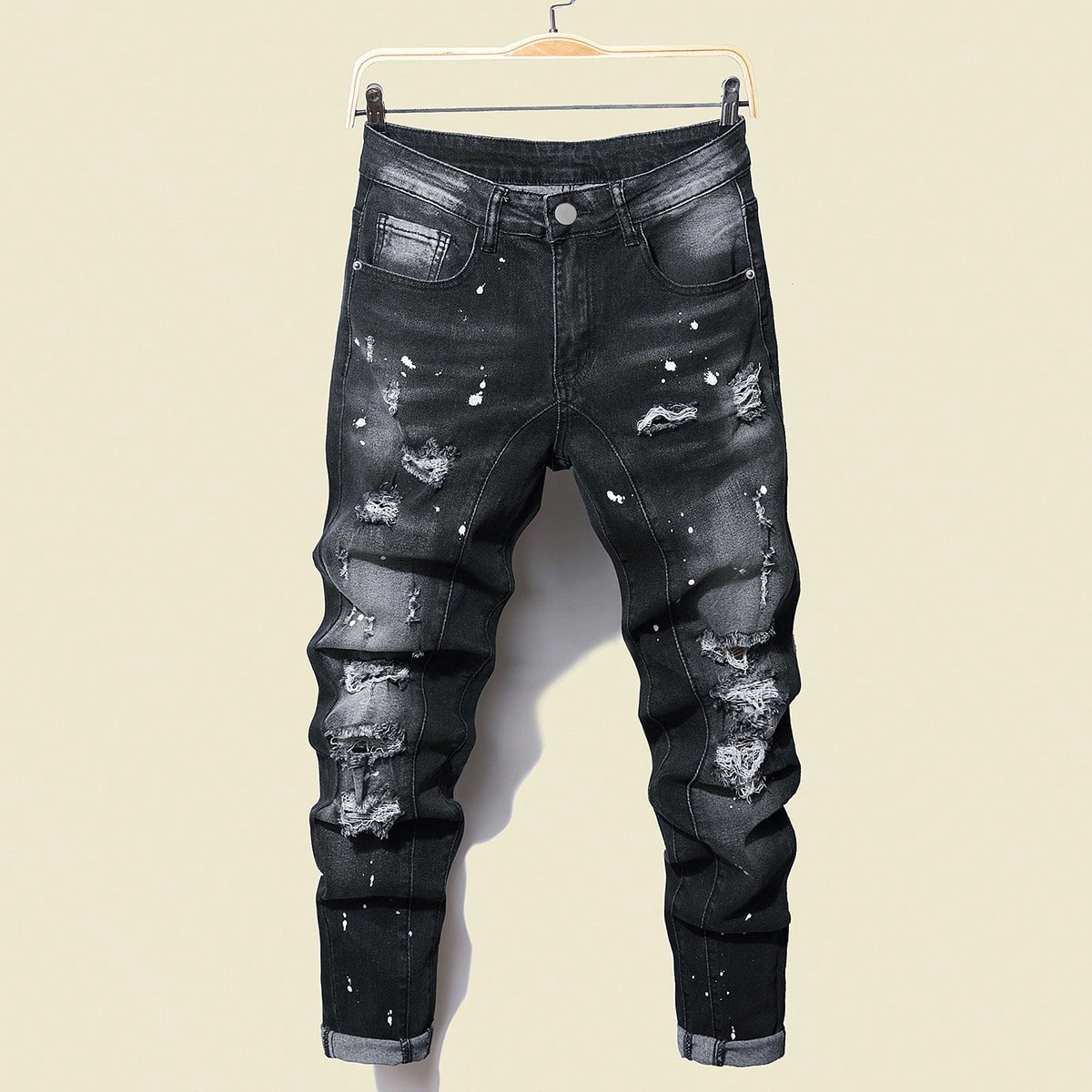 Jeans vaqueros de talla grande para hombres con efecto lavado, ajuste slim, rotos, deshilachados, de carga, lisos, de color gris oscuro, para fiesta,