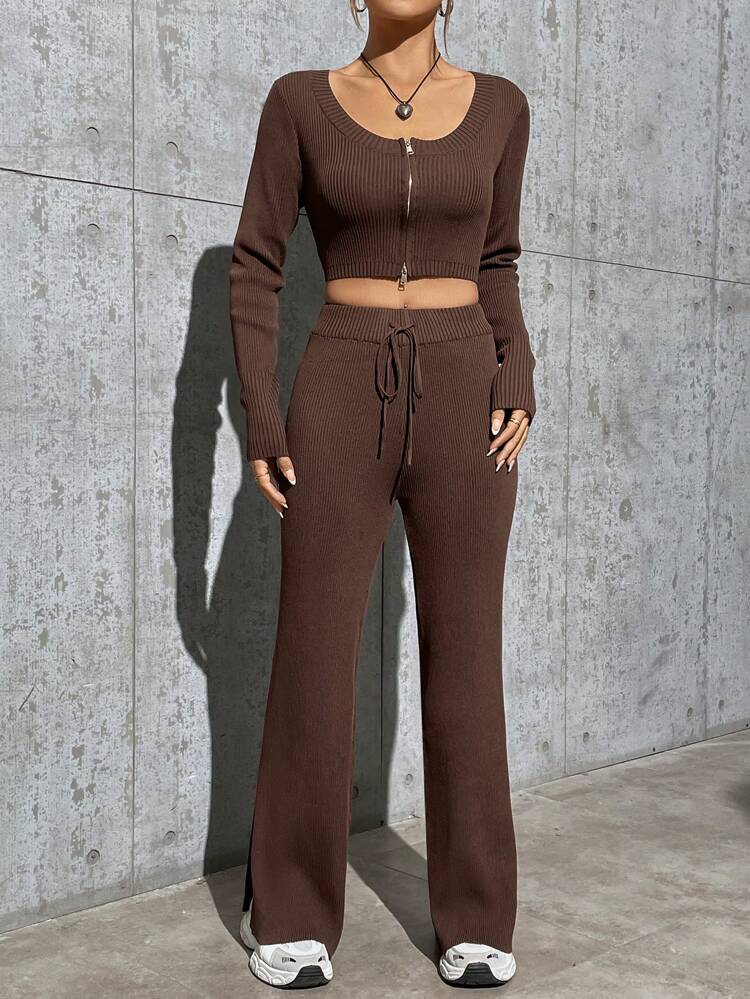 Women's Zipper Front Cardigan And Drawstring Waist Flare Leg Knit Pants 2 Piece Set