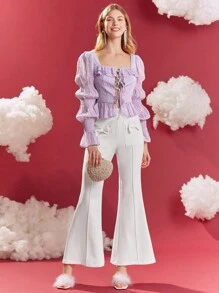 Enchnt Xù Hoa Sen Tay áo Áo sơ mi - Màu tím hoa cà - Xem 4