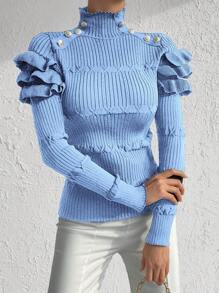 EURMUSE Jersey con diseño de botón ribete con fruncido de cuello alto - Celeste - Ver 3