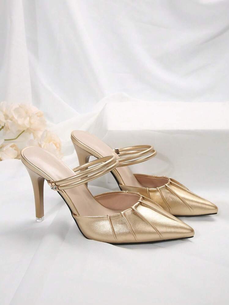 Décolleté con tacco alto stile francese per donna, nuovi sandali eleganti con punta a punta e cinturino con paillettes color oro adatti per l'estate, design sexy adatto per casual, appuntamenti, pendolarismo, feste aziendali, eventi, eleganti, mules - Dorato - Visualizzare 5