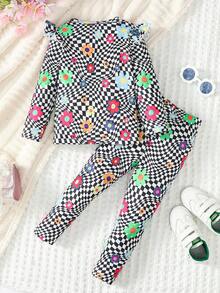 SHEIN 2 件套年轻女孩彩色菊花和黑白格子印花盖袖长袖 T 恤和长裤套装，秋冬季 - 彩色 - 查看 2