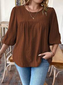 SHEIN LUNE Plus Size Women'S Puff Sleeve T-Shirt - Brown - View 3