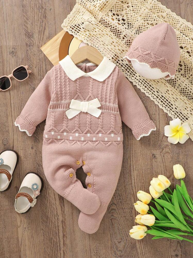 SHEIN Mono Estilo Suéter Decorado Con Lazo Y Cuello En Contraste Para Bebé Niña Con Sombrero - Rosa - Añade 1