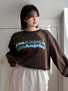 Dazy Petite Plus Round Neck Leisure Sweatshirt With Print Text,Fall Clothes - Brown - View 6