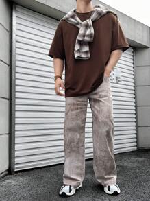 Manfinity Hypemode 男士宽松圆领纯色落肩短袖 T 恤，韩版时尚，适合外出 - 棕色 - 查看 4