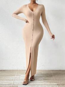 SHEIN Essnce Women's V-neck Slim Fit Button Front Slit Hem Dress - Apricot - View 5