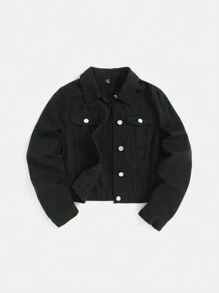 SHEIN Y2k 新款街头时尚，蝴蝶图案印花黑色舒适少女牛仔夹克，适合户外穿着 - 黑色 - 查看 2