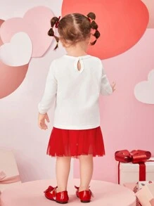 SHEIN 2入組寶寶女孩休閒可愛心形字母印花裝備 - 紅白色 - 查看 2