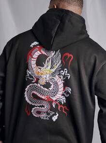 Manfinity LEGND 男款大尺碼連帽龍印花運動衫 - 黑色 - 查看 6