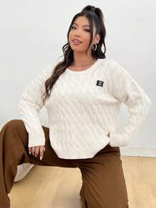 SHEIN Unity Plus Size Women'S Cable Knit Sweater With Drop Shoulders - Beige - View 3