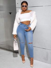 SHEIN Essnce Jeans Ajustados Con Cuentas De Talla Grande Para Mujeres - Azul lavado medio - Ver 3