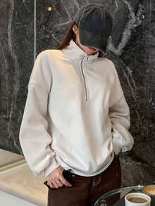 DAZY 女款純色長袖拉鍊運動衫 - 米色 - 查看 7