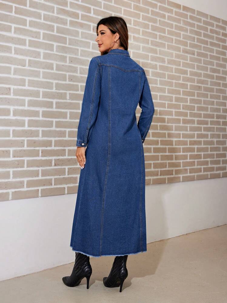 SHEIN Privé Ladies' Blue Denim Single Breasted Button Front Dress - Medium Wash - View 2