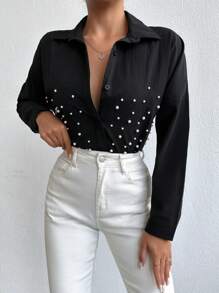 RueChic Loose-fitting Casual Shirt With Beaded Drop Shoulder Sleeve Detail - Black - View 6