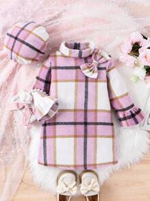 SHEIN Nhỏ bé Cô gái Thanh lịch Vintage Phong cách Preppy Kẻ sọc Đầm Với Bowknot Chi tiết Và Mũ nồi Mũ Đối với Mùa xuân/thu - Màu tím - Xem 1
