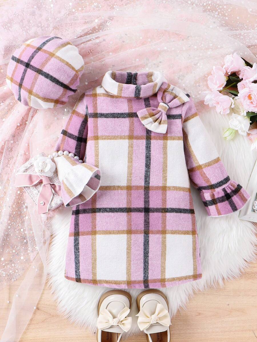 SHEIN Nhỏ bé Cô gái Thanh lịch Vintage Phong cách Preppy Kẻ sọc Đầm Với Bowknot Chi tiết Và Mũ nồi Mũ Đối với Mùa xuân/thu - Màu tím - Xem 1