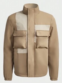 Manfinity VCAY Men Contrast Panel Flap Pocket Zipper Front Winter Coat - Khaki - View 3