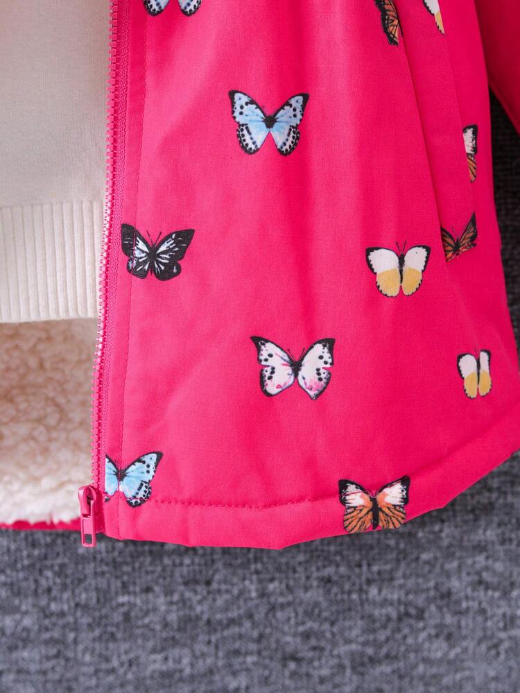 SHEIN Abrigo Acolchado Con Capucha Y Cuello De Polar Con Estampado De Mariposas Para Niña - Rosa Fucsia - Añade 4