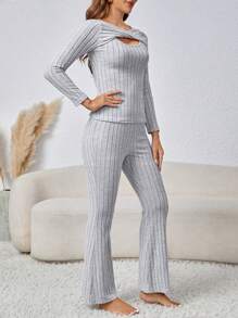 SHEIN Unity Của phụ nữ Mùa Thu /đông Thời gian rảnh rỗi Sọc Hai chiếc Bộ - Xám - Xem 3