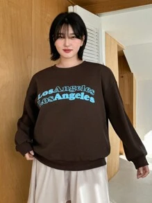 Dazy Petite Plus Round Neck Leisure Sweatshirt With Print Text,Fall Clothes - Brown - View 5
