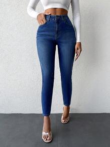 SHEIN PETITE Của phụ nữ Cao eo Thon gọn Quần jean - Rửa tối - Xem 3
