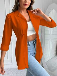 EURMUSE Drawstring Waist Rolled Sleeve Jacket - Red - View 3