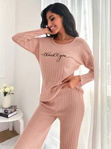 EURMUSE Damen Schlogan-Muster Oversized Langarm Top und Hose Pyjama Set - Korallenrosa - Übersicht 5