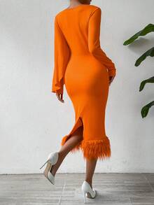 SHEIN Privé 女款純色圓領長袖拼縫開衩連身裙 - 亮橙色 - 查看 2