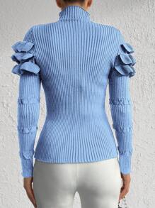 EURMUSE Jersey con diseño de botón ribete con fruncido de cuello alto - Celeste - Ver 2