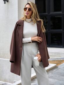 EURMUSE 女式純色羊毛外套,有翻領領口 - 棕色 - 查看 3