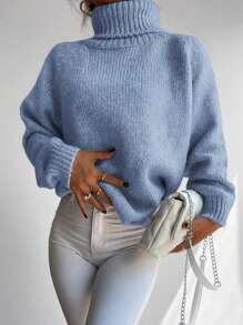 RueChic Jersey cuello alto de manga raglán tejido de canalé - Azul - Ver 6