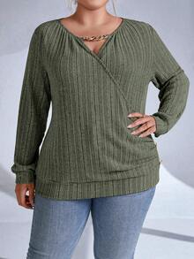 Calvaya Áo nỉ dài tay quấn chéo trơn cỡ lớn - xanh quân đội - Xem 4