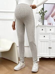 SHEIN 孕婦純色針織條紋彈力褲,可調節腰圍 - 杏色 - 查看 3