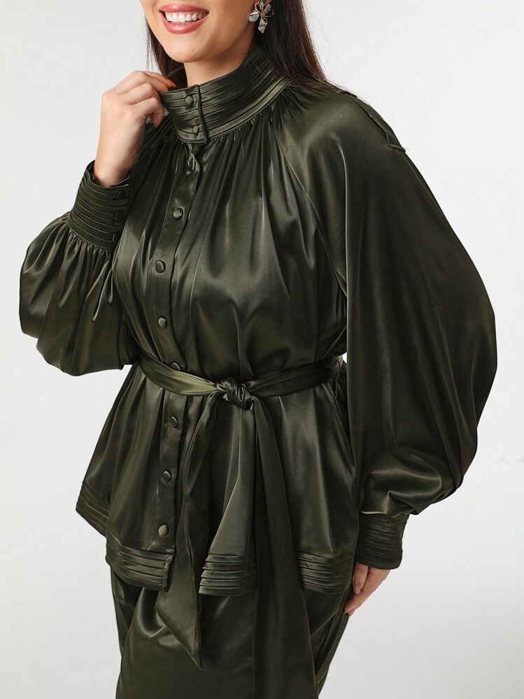 Sylvia Mollie Designer Women Business Casual Plus Mock Neck Belted Satin Blouse, For Holiday, Spring, Festival, Office - Army Green - View 3