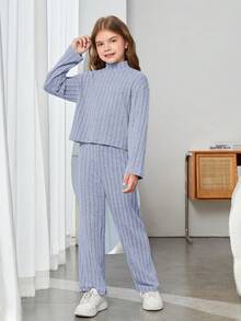 SHEIN 少女鈕釦純色針織立領寬鬆t恤和寬腿褲套裝 - 淺藍色 - 查看 3