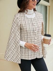 SHEIN Frenchy Fashionable Plaid Cape Woolen Coat - Apricot - View 6