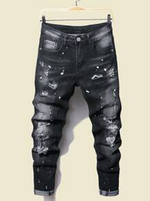 Manfinity Homme Men's Plus Size Distressed Denim Jeans With Washed Effect Slim Fit Long Ripped Frayed Jean Cargo Plain Dark Grey Party Fashion