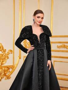 Faeriesty Đầm dự tiệc sang trọng tay dài bằng vải satin sequin tương phản - màu đen - Xem 8