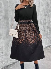 EMERY ROSE Women's Round Neck Black Leopard Print Patchwork Dress - Multicolor - View 5