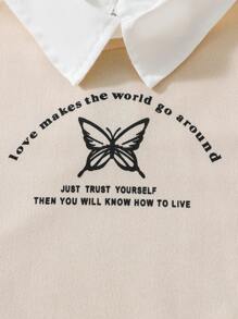 SHEIN 年輕女孩蝴蝶標語印花彩色拼接領口套頭衫 - 杏色 - 查看 3