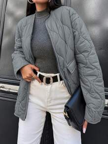 EURMUSE Drop Shoulder Zipper Quilted Coat - Grey - View 5