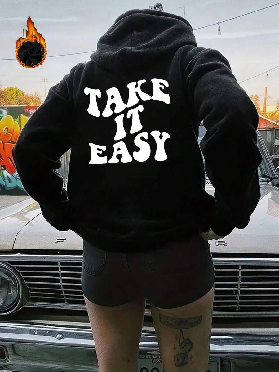 大码女式保暖抓绒卫衣，带口袋，秋冬休闲运动装 - 黑色 - 查看 1