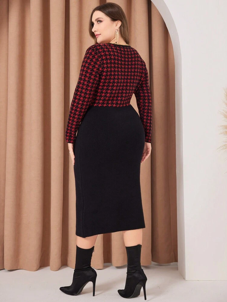 Burgundy Red Houndstooth Pattern Contrast Long-Sleeve Dress