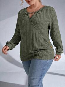 Calvaya Áo nỉ dài tay quấn chéo trơn cỡ lớn - xanh quân đội - Xem 1