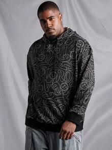 SHEIN Manfinity Homme 男士大碼連帽衫,全印花圖案和拉繩 - 黑色 - 查看 5