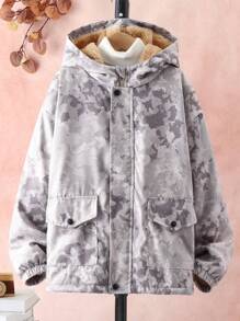 1件青少年男孩熊貓毛裡料連帽夾克,設有翻蓋口袋和拉鍊 - 彩色 - 查看 4