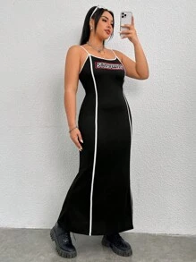 SHEIN EZwear Plus Size Color Block Striped Print Letter Pattern Spaghetti Strap Dress - Black - View 5
